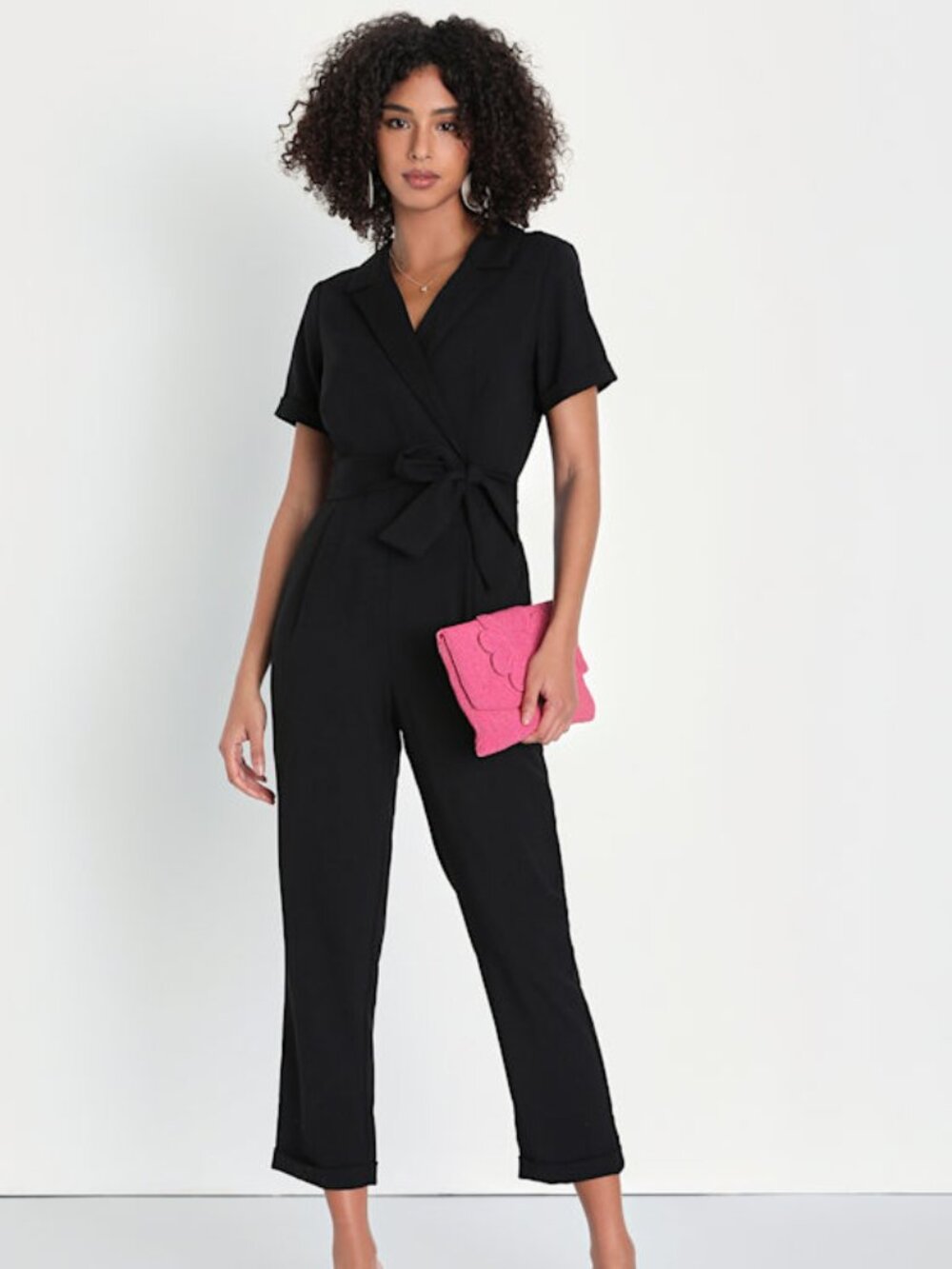 Lulus Sensible Sensation Black Tie-front Short Sleeve Jumpsuit - Size L